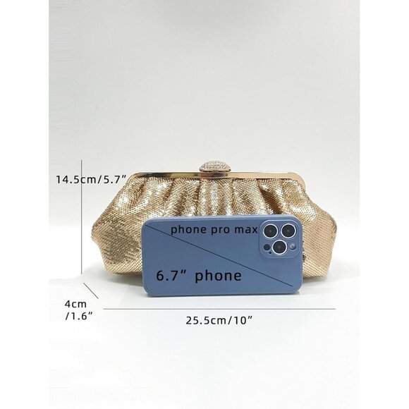 🆕Women Gold Silk Fish Scale Sequins Pleated Clutch Bag Crossbody with Rhine - Picture 2 of 6